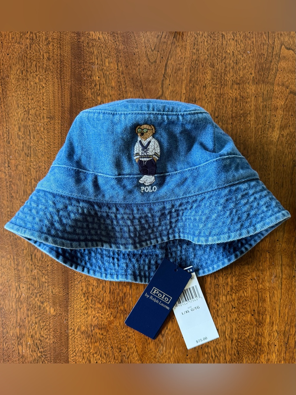 Polo by Ralph Lauren Light Blue Denim Jean Bucket Hat with Embroidered Bear